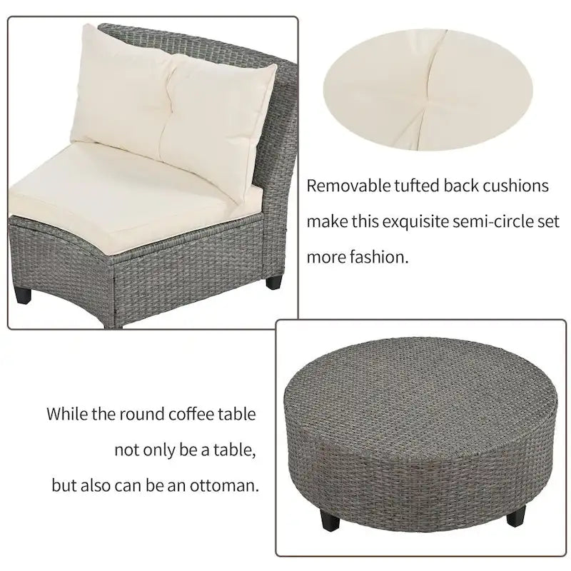 6-Person Garden Fan-shaped Rattan Suit Combination with Cushions and Table