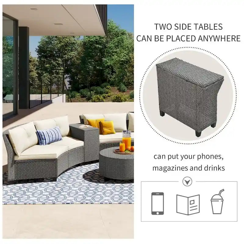 6-Person Garden Fan-shaped Rattan Suit Combination with Cushions and Table