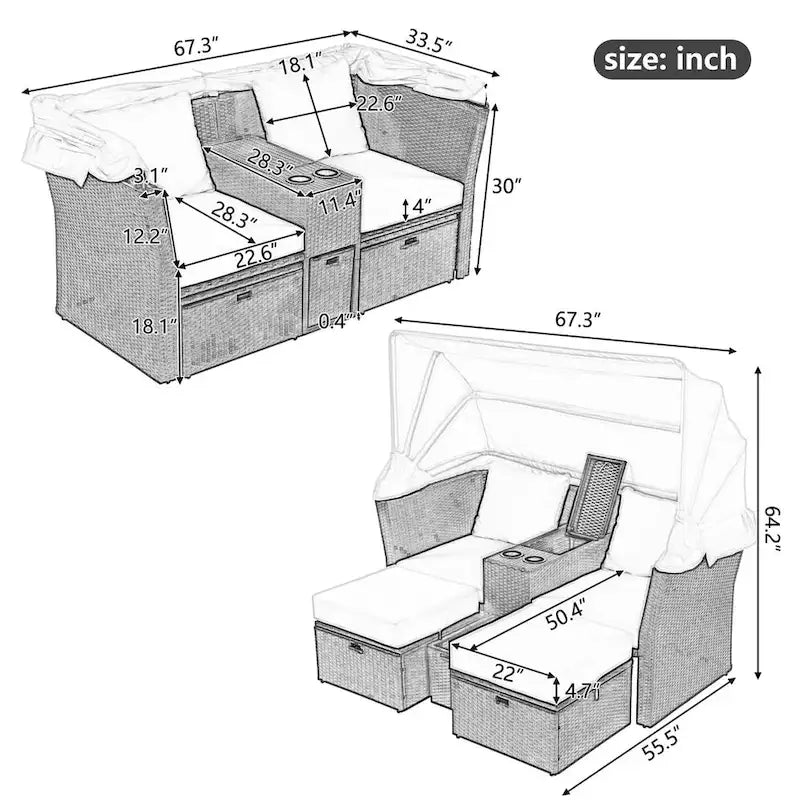 Convertible Outdoor Patio Daybed Loveseat Set with Retractable Sunshade, Cup Holders, Storage Boxes, Water-Repellent Cushions