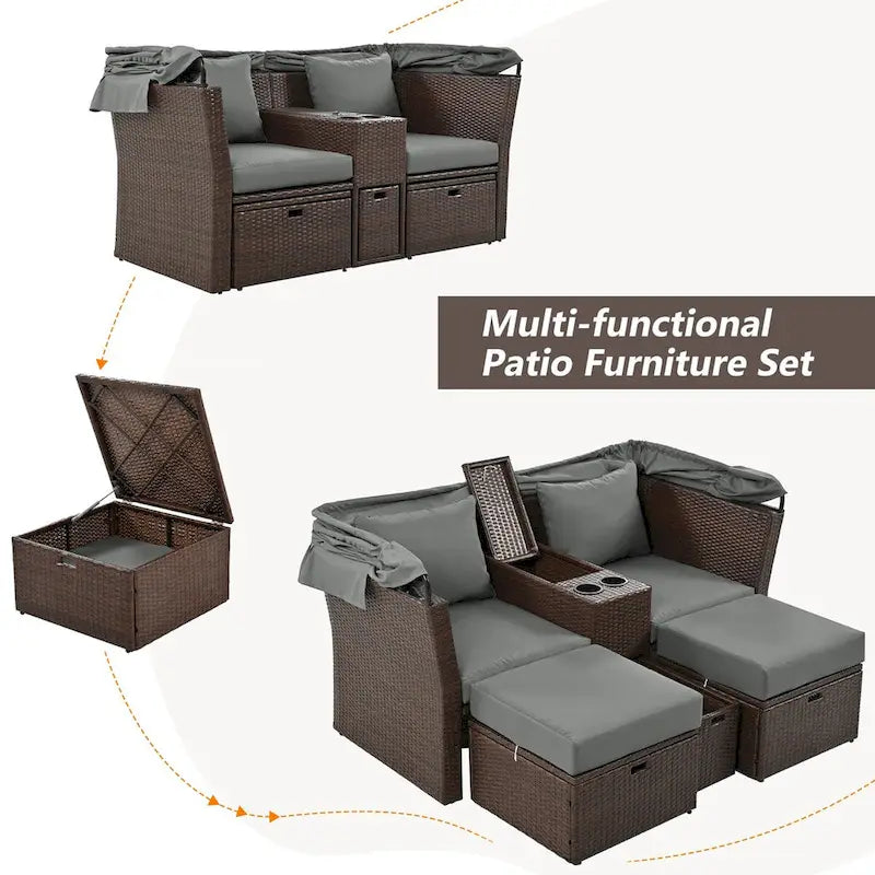 Convertible Outdoor Patio Daybed Loveseat Set with Retractable Sunshade, Cup Holders, Storage Boxes, Water-Repellent Cushions