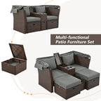 Convertible Outdoor Patio Daybed Loveseat Set with Retractable Sunshade, Cup Holders, Storage Boxes, Water-Repellent Cushions