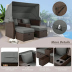 Convertible Outdoor Patio Daybed Loveseat Set with Retractable Sunshade, Cup Holders, Storage Boxes, Water-Repellent Cushions