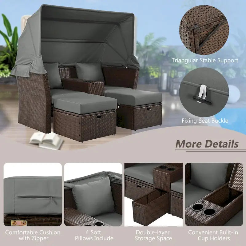 Convertible Outdoor Patio Daybed Loveseat Set with Retractable Sunshade, Cup Holders, Storage Boxes, Water-Repellent Cushions