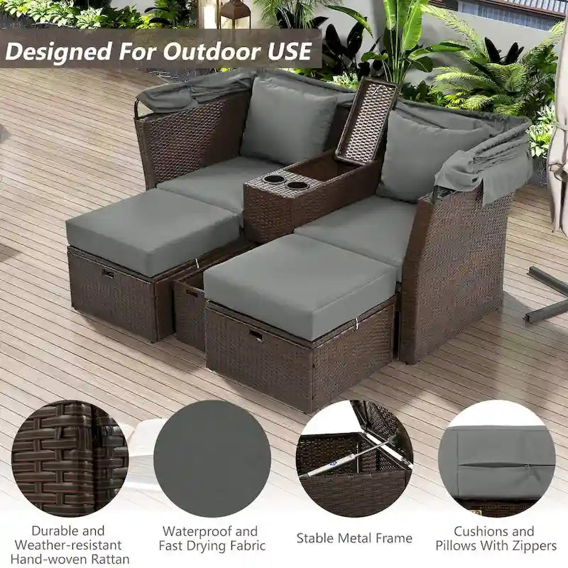 Convertible Outdoor Patio Daybed Loveseat Set with Retractable Sunshade, Cup Holders, Storage Boxes, Water-Repellent Cushions