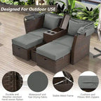 Convertible Outdoor Patio Daybed Loveseat Set with Retractable Sunshade, Cup Holders, Storage Boxes, Water-Repellent Cushions