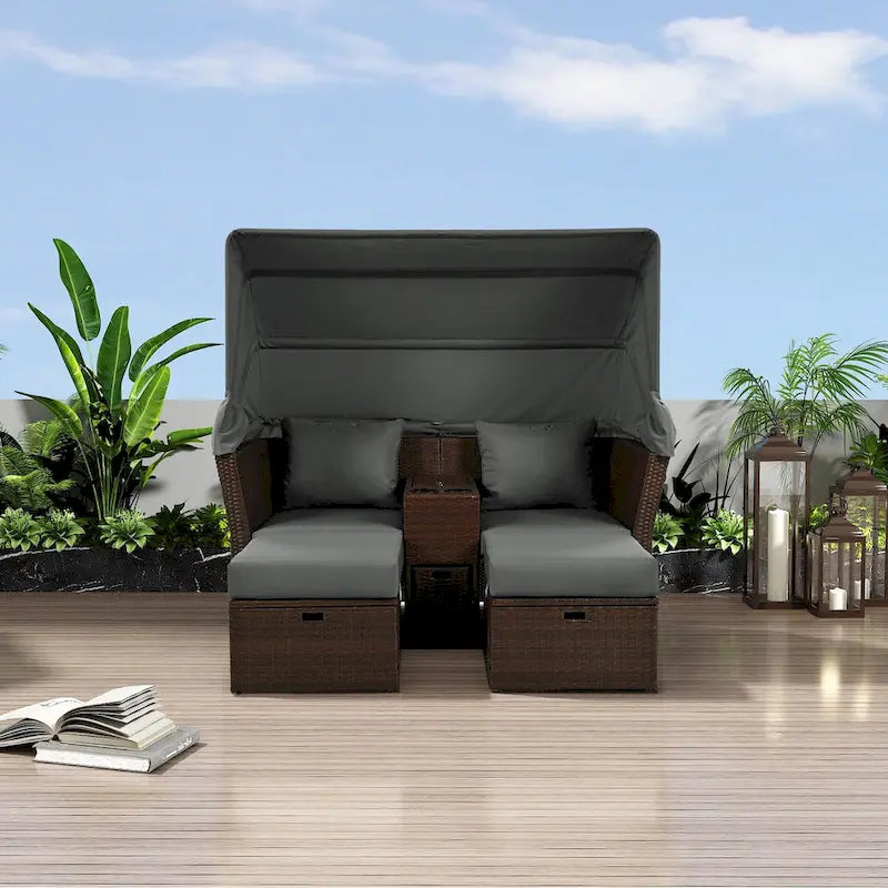 Convertible Outdoor Patio Daybed Loveseat Set with Retractable Sunshade, Cup Holders, Storage Boxes, Water-Repellent Cushions