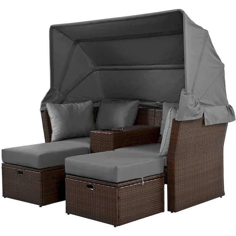 Convertible Outdoor Patio Daybed Loveseat Set with Retractable Sunshade, Cup Holders, Storage Boxes, Water-Repellent Cushions