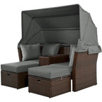 Convertible Outdoor Patio Daybed Loveseat Set with Retractable Sunshade, Cup Holders, Storage Boxes, Water-Repellent Cushions