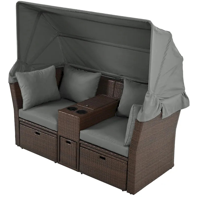 Convertible Outdoor Patio Daybed Loveseat Set with Retractable Sunshade, Cup Holders, Storage Boxes, Water-Repellent Cushions