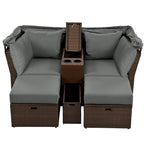 Convertible Outdoor Patio Daybed Loveseat Set with Retractable Sunshade, Cup Holders, Storage Boxes, Water-Repellent Cushions