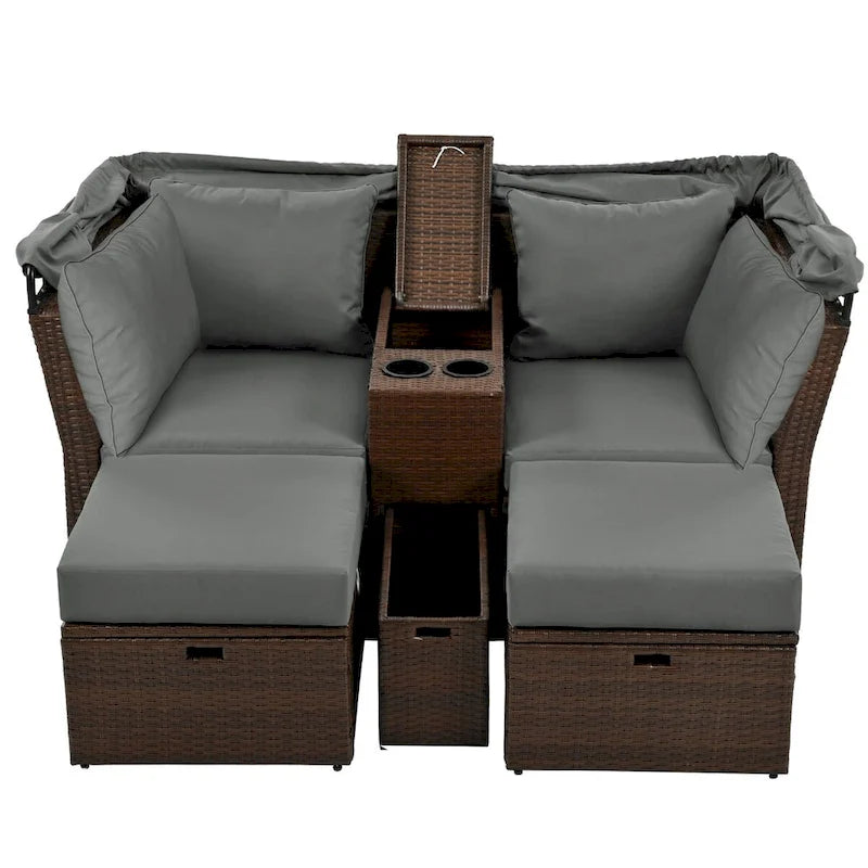 Convertible Outdoor Patio Daybed Loveseat Set with Retractable Sunshade, Cup Holders, Storage Boxes, Water-Repellent Cushions