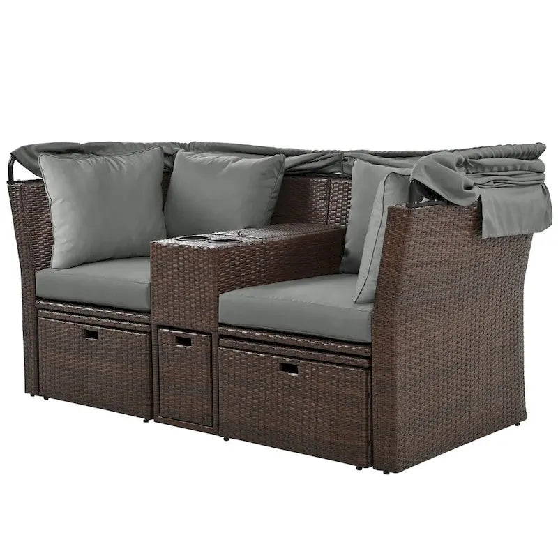 Convertible Outdoor Patio Daybed Loveseat Set with Retractable Sunshade, Cup Holders, Storage Boxes, Water-Repellent Cushions