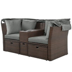 Convertible Outdoor Patio Daybed Loveseat Set with Retractable Sunshade, Cup Holders, Storage Boxes, Water-Repellent Cushions