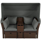 Convertible Outdoor Patio Daybed Loveseat Set with Retractable Sunshade, Cup Holders, Storage Boxes, Water-Repellent Cushions