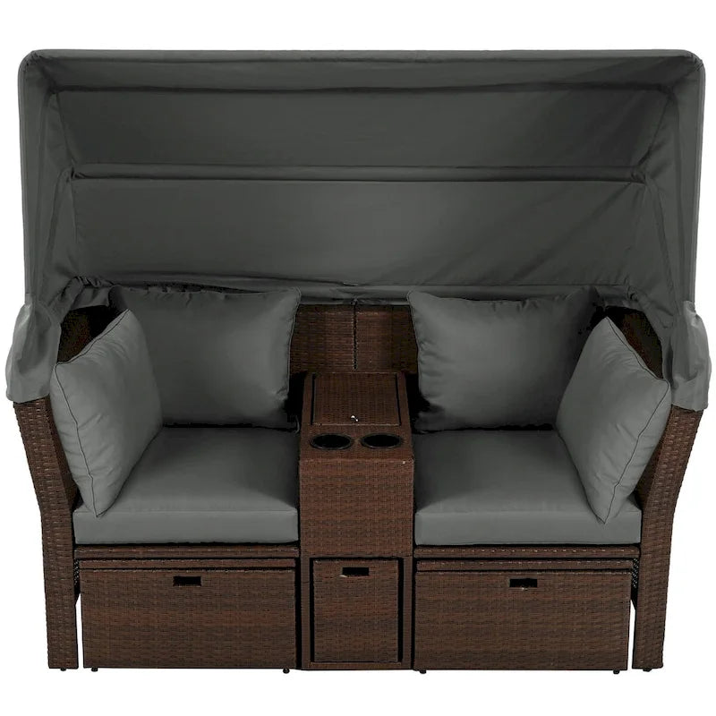 Convertible Outdoor Patio Daybed Loveseat Set with Retractable Sunshade, Cup Holders, Storage Boxes, Water-Repellent Cushions