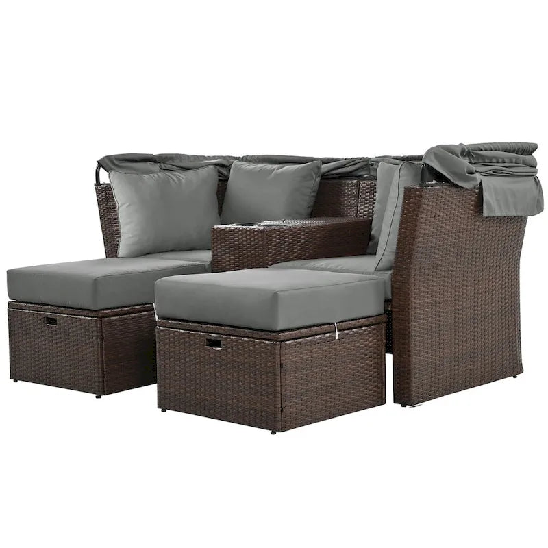 Convertible Outdoor Patio Daybed Loveseat Set with Retractable Sunshade, Cup Holders, Storage Boxes, Water-Repellent Cushions