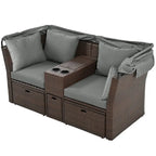 Convertible Outdoor Patio Daybed Loveseat Set with Retractable Sunshade, Cup Holders, Storage Boxes, Water-Repellent Cushions