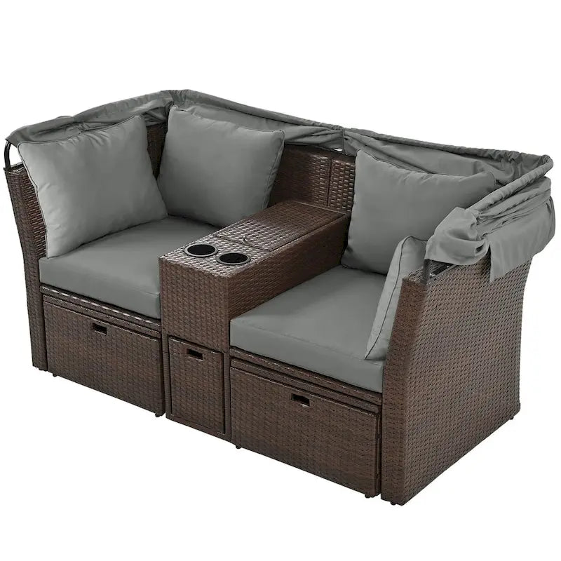 Convertible Outdoor Patio Daybed Loveseat Set with Retractable Sunshade, Cup Holders, Storage Boxes, Water-Repellent Cushions