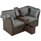 Convertible Outdoor Patio Daybed Loveseat Set with Retractable Sunshade, Cup Holders, Storage Boxes, Water-Repellent Cushions