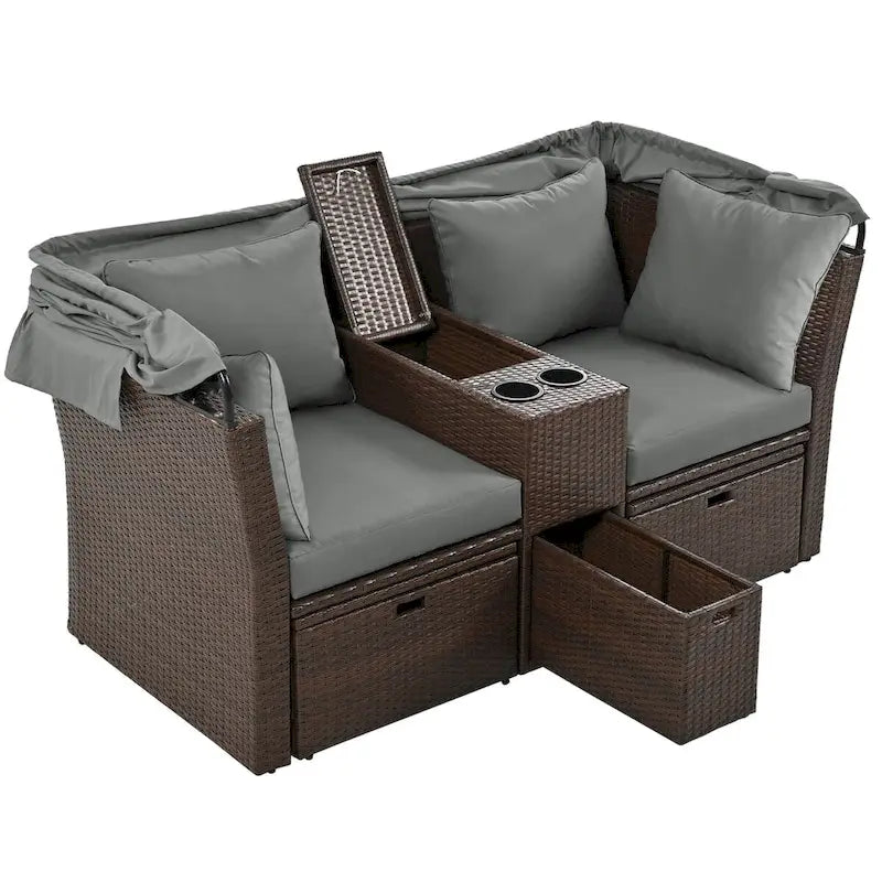 Convertible Outdoor Patio Daybed Loveseat Set with Retractable Sunshade, Cup Holders, Storage Boxes, Water-Repellent Cushions