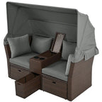 Convertible Outdoor Patio Daybed Loveseat Set with Retractable Sunshade, Cup Holders, Storage Boxes, Water-Repellent Cushions