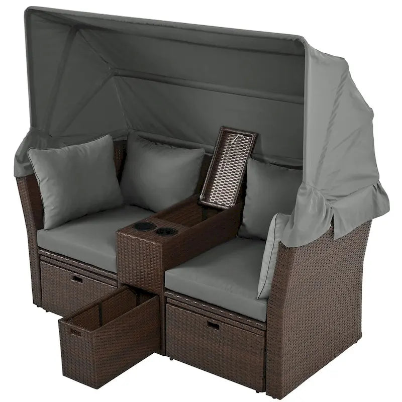 Convertible Outdoor Patio Daybed Loveseat Set with Retractable Sunshade, Cup Holders, Storage Boxes, Water-Repellent Cushions