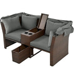 Convertible Outdoor Patio Daybed Loveseat Set with Retractable Sunshade, Cup Holders, Storage Boxes, Water-Repellent Cushions