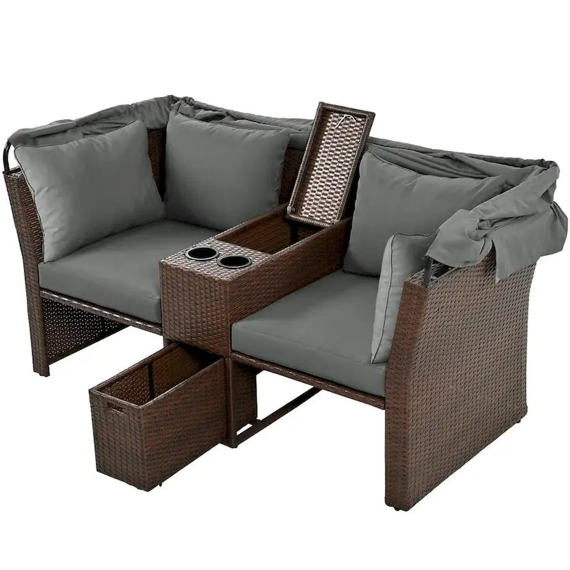 Convertible Outdoor Patio Daybed Loveseat Set with Retractable Sunshade, Cup Holders, Storage Boxes, Water-Repellent Cushions