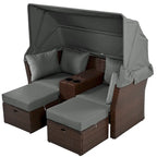 Convertible Outdoor Patio Daybed Loveseat Set with Retractable Sunshade, Cup Holders, Storage Boxes, Water-Repellent Cushions