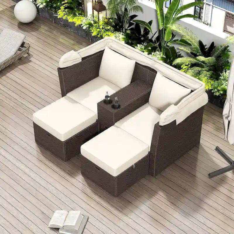 Convertible Outdoor Patio Daybed Loveseat Set with Retractable Sunshade, Cup Holders, Storage Boxes, Water-Repellent Cushions