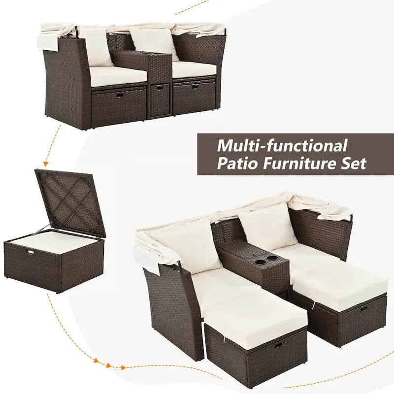 Convertible Outdoor Patio Daybed Loveseat Set with Retractable Sunshade, Cup Holders, Storage Boxes, Water-Repellent Cushions