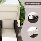 Convertible Outdoor Patio Daybed Loveseat Set with Retractable Sunshade, Cup Holders, Storage Boxes, Water-Repellent Cushions