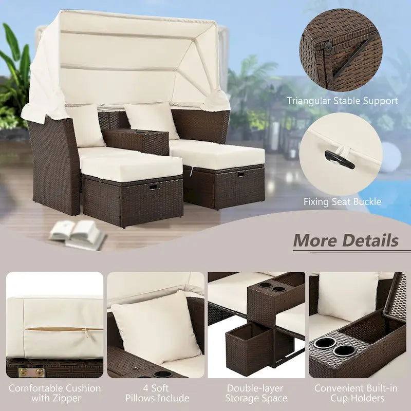 Convertible Outdoor Patio Daybed Loveseat Set with Retractable Sunshade, Cup Holders, Storage Boxes, Water-Repellent Cushions