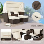 Convertible Outdoor Patio Daybed Loveseat Set with Retractable Sunshade, Cup Holders, Storage Boxes, Water-Repellent Cushions