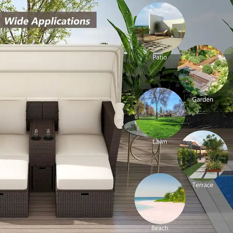 Convertible Outdoor Patio Daybed Loveseat Set with Retractable Sunshade, Cup Holders, Storage Boxes, Water-Repellent Cushions