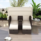 Convertible Outdoor Patio Daybed Loveseat Set with Retractable Sunshade, Cup Holders, Storage Boxes, Water-Repellent Cushions