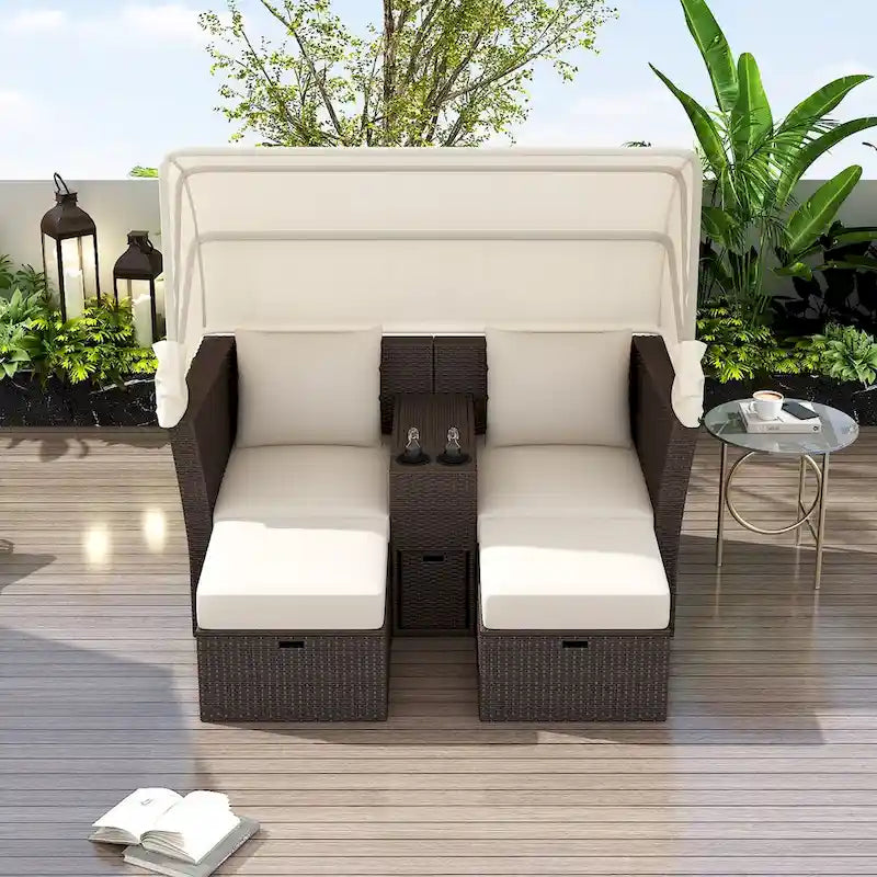 Convertible Outdoor Patio Daybed Loveseat Set with Retractable Sunshade, Cup Holders, Storage Boxes, Water-Repellent Cushions