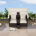 Convertible Outdoor Patio Daybed Loveseat Set with Retractable Sunshade, Cup Holders, Storage Boxes, Water-Repellent Cushions