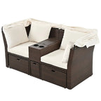 Convertible Outdoor Patio Daybed Loveseat Set with Retractable Sunshade, Cup Holders, Storage Boxes, Water-Repellent Cushions