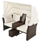 Convertible Outdoor Patio Daybed Loveseat Set with Retractable Sunshade, Cup Holders, Storage Boxes, Water-Repellent Cushions