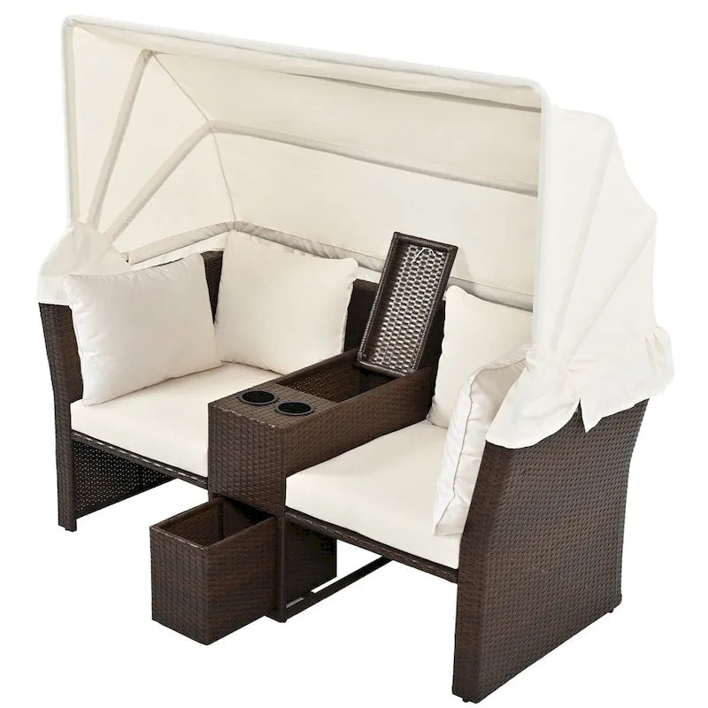 Convertible Outdoor Patio Daybed Loveseat Set with Retractable Sunshade, Cup Holders, Storage Boxes, Water-Repellent Cushions