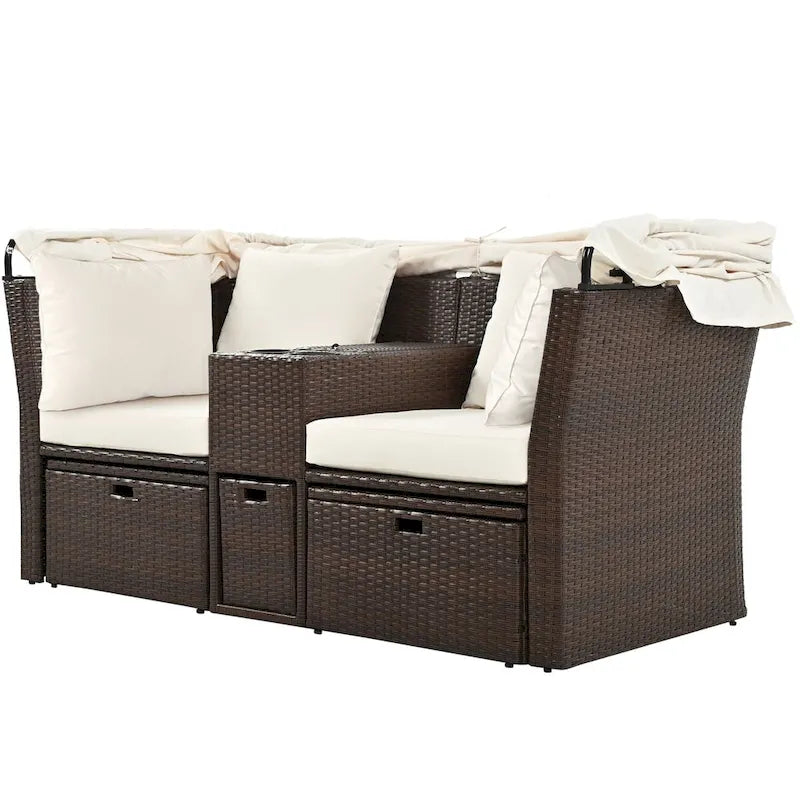 Convertible Outdoor Patio Daybed Loveseat Set with Retractable Sunshade, Cup Holders, Storage Boxes, Water-Repellent Cushions