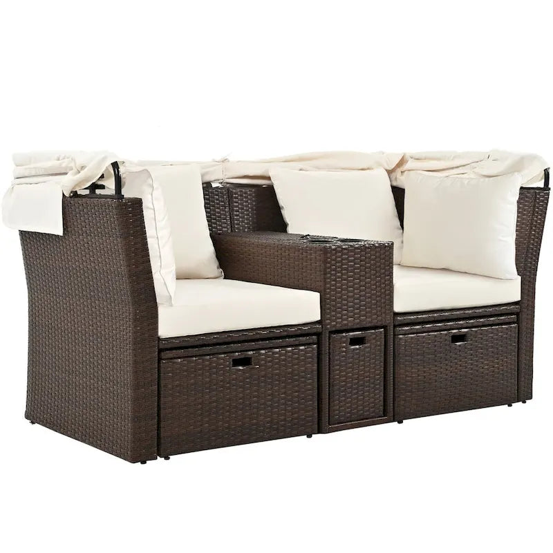 Convertible Outdoor Patio Daybed Loveseat Set with Retractable Sunshade, Cup Holders, Storage Boxes, Water-Repellent Cushions