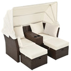 Convertible Outdoor Patio Daybed Loveseat Set with Retractable Sunshade, Cup Holders, Storage Boxes, Water-Repellent Cushions