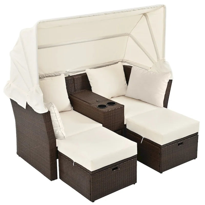 Convertible Outdoor Patio Daybed Loveseat Set with Retractable Sunshade, Cup Holders, Storage Boxes, Water-Repellent Cushions