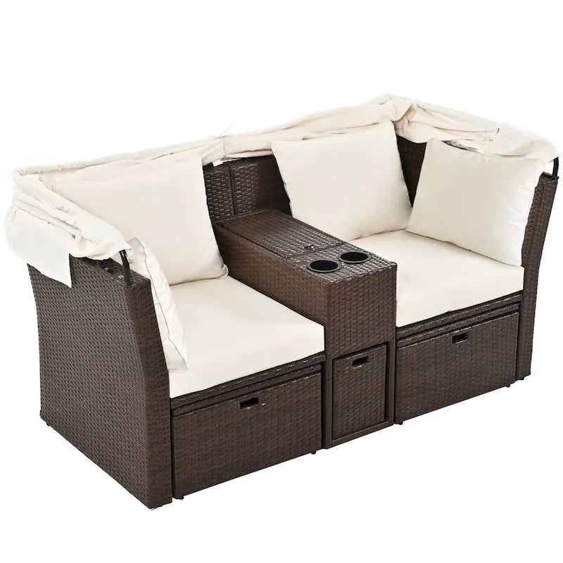 Convertible Outdoor Patio Daybed Loveseat Set with Retractable Sunshade, Cup Holders, Storage Boxes, Water-Repellent Cushions
