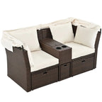 Convertible Outdoor Patio Daybed Loveseat Set with Retractable Sunshade, Cup Holders, Storage Boxes, Water-Repellent Cushions