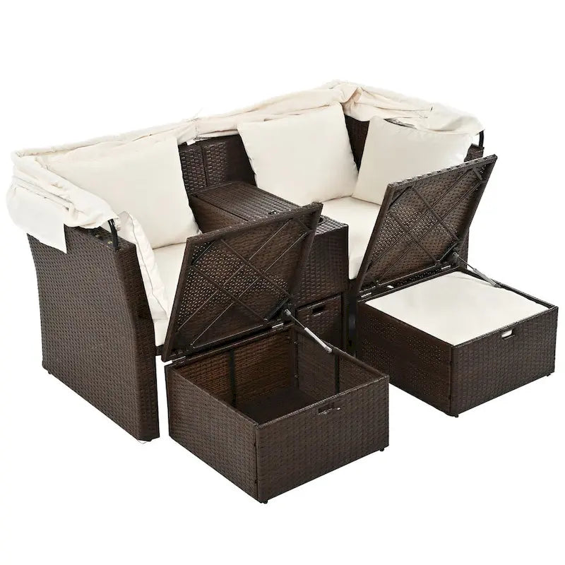 Convertible Outdoor Patio Daybed Loveseat Set with Retractable Sunshade, Cup Holders, Storage Boxes, Water-Repellent Cushions