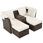 Convertible Outdoor Patio Daybed Loveseat Set with Retractable Sunshade, Cup Holders, Storage Boxes, Water-Repellent Cushions