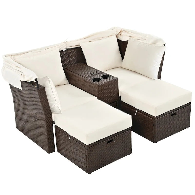 Convertible Outdoor Patio Daybed Loveseat Set with Retractable Sunshade, Cup Holders, Storage Boxes, Water-Repellent Cushions